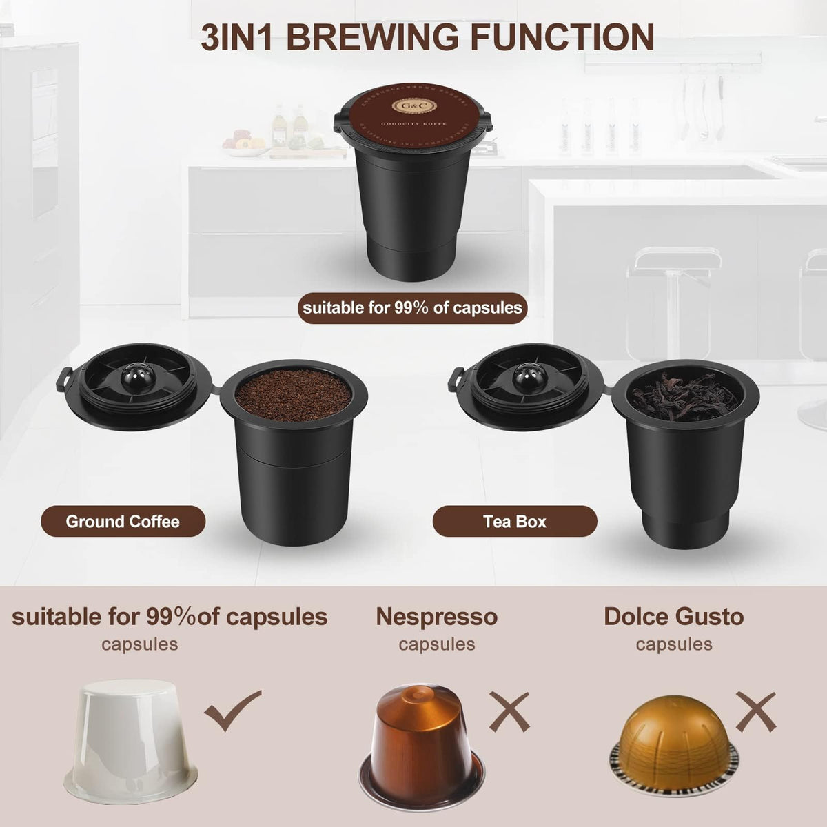 3-in-1 Single Serve Coffee Machine, 50 oz, Black U32766