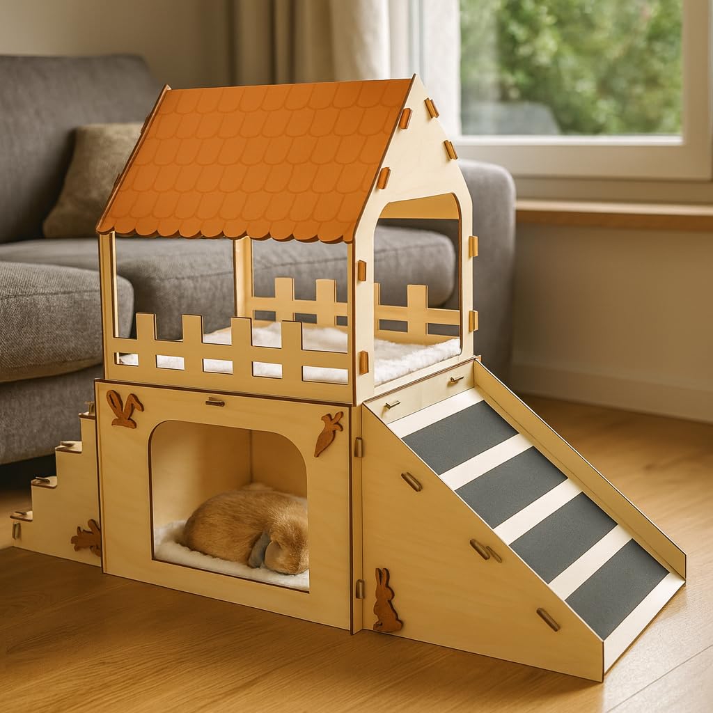 Extra Large Wooden Rabbit Hideout with Fleece Mats J8403
