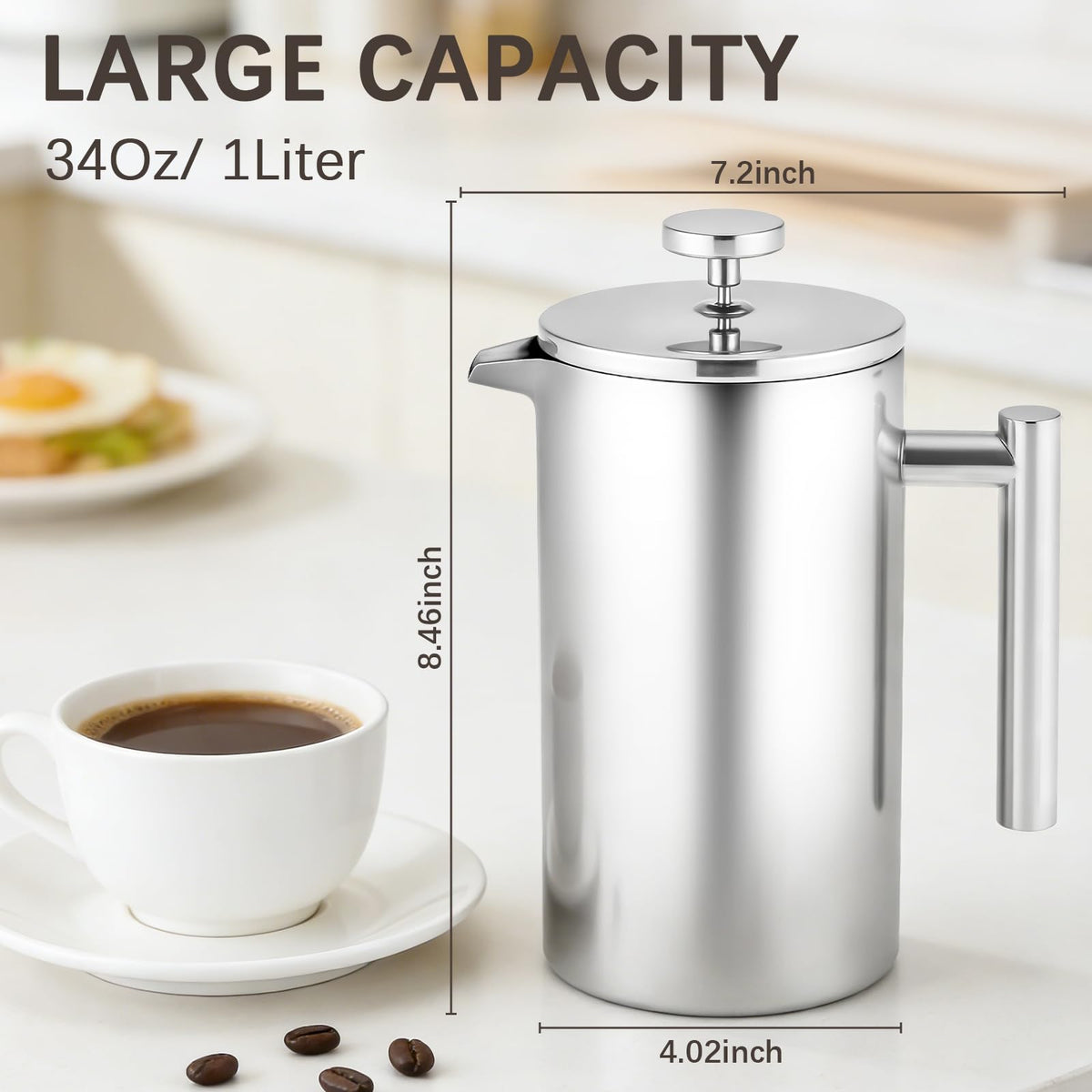 34OZ Stainless Steel French Press Coffee Maker with 2 Extra Filters J6704