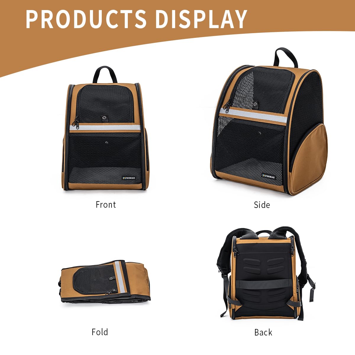 Brown Collapsible Pet Carrier Backpack with Ventilated Mesh W460444