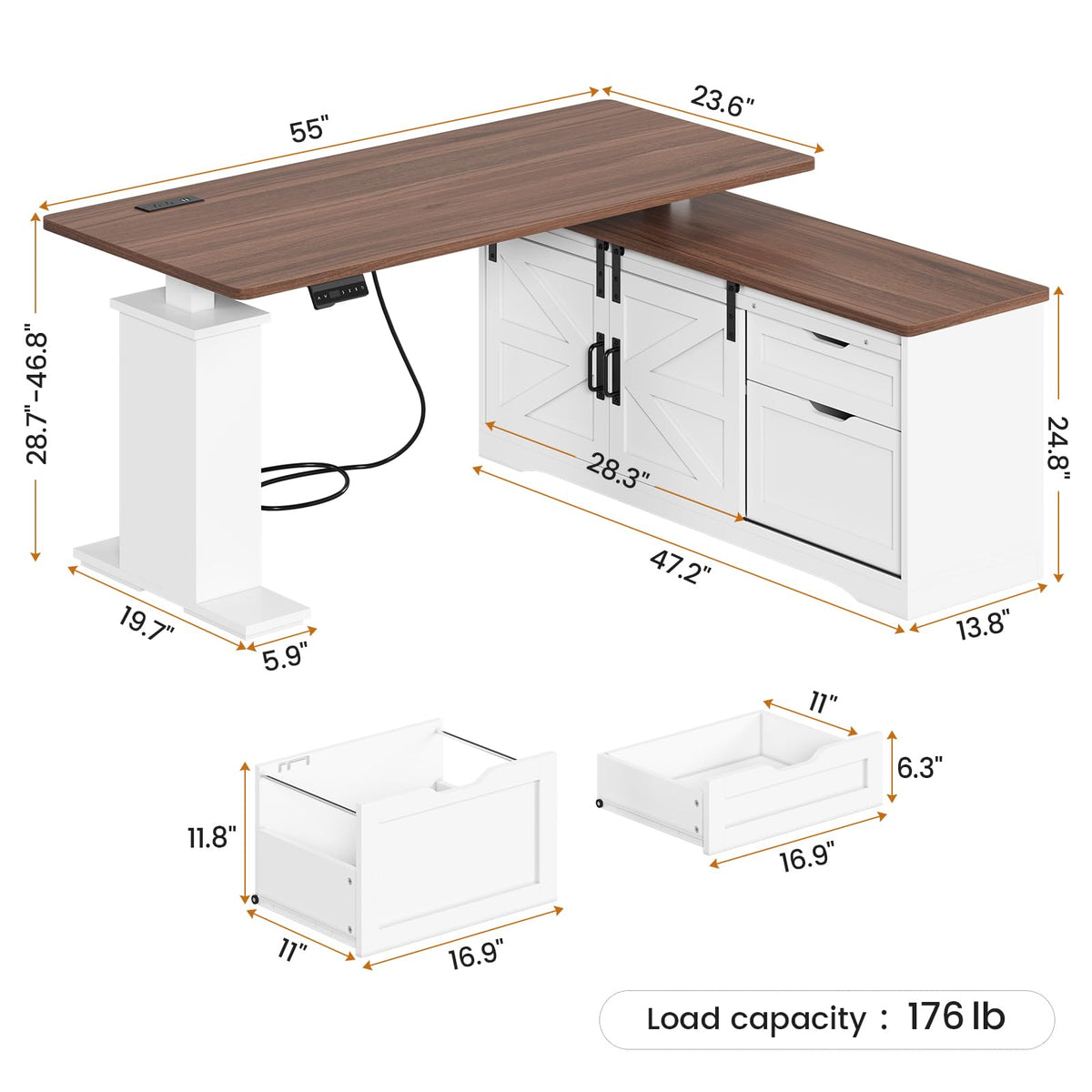 55 inch L Shaped Standing Desk with Storage Drawers H9305