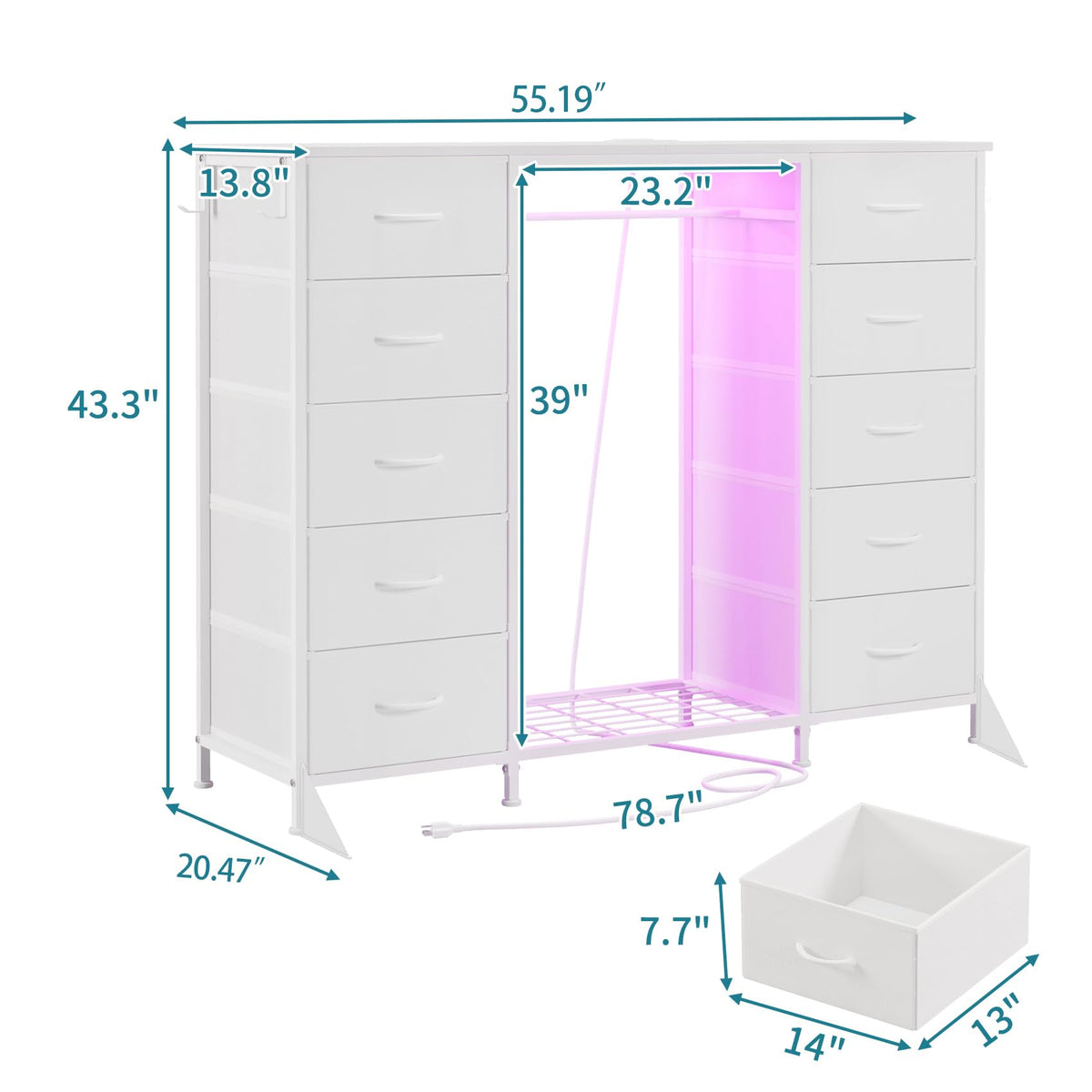 55"W Dresser with Hanging Rack, 10 Fabric Drawers & Hooks W103