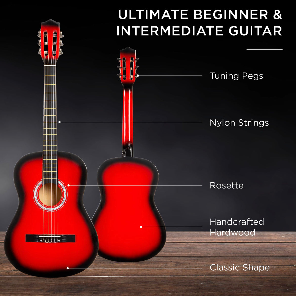 38in Beginner All Wood Acoustic Guitar Starter Kit with Gig Bag Red Burst X463
