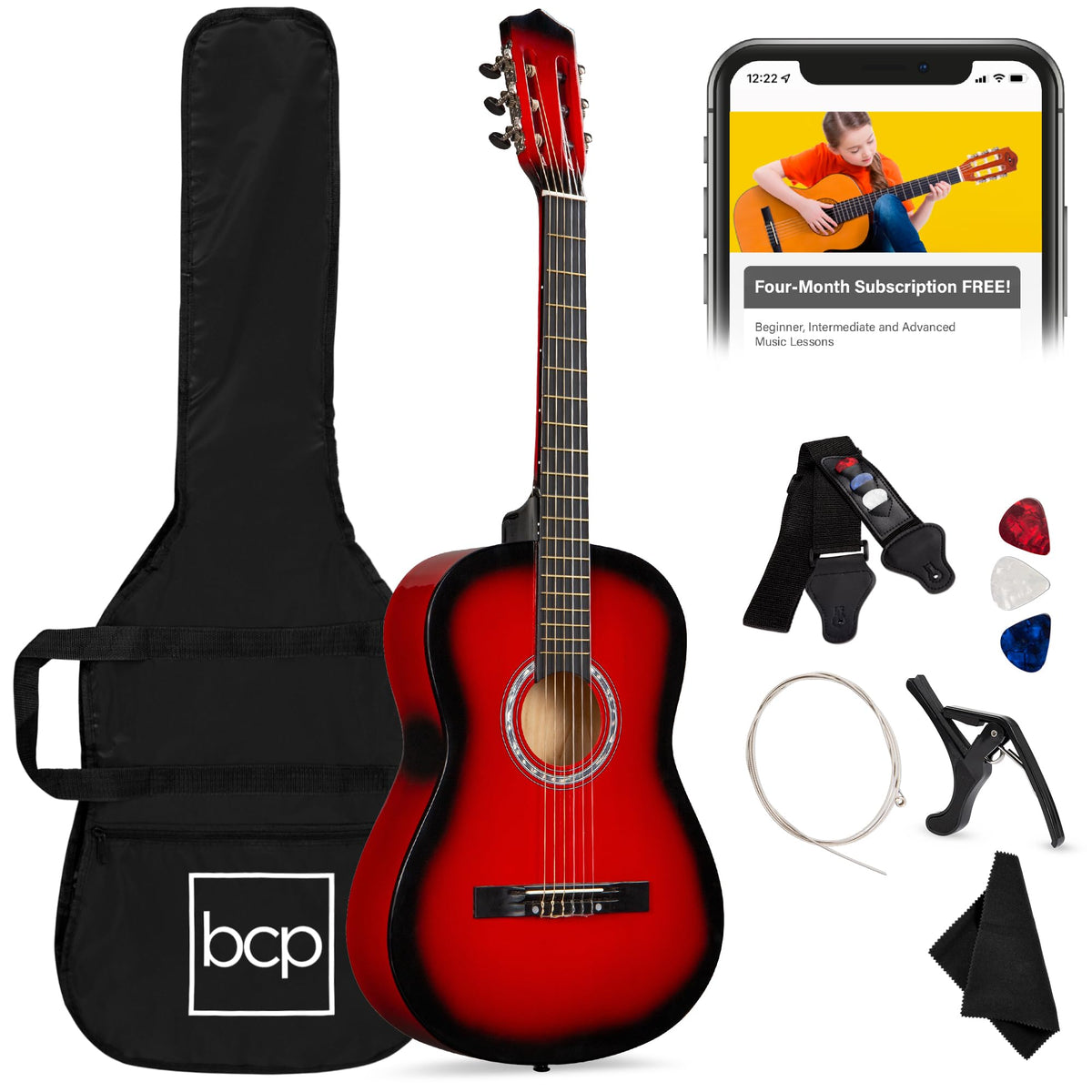 38in Beginner All Wood Acoustic Guitar Starter Kit with Gig Bag Red Burst X463