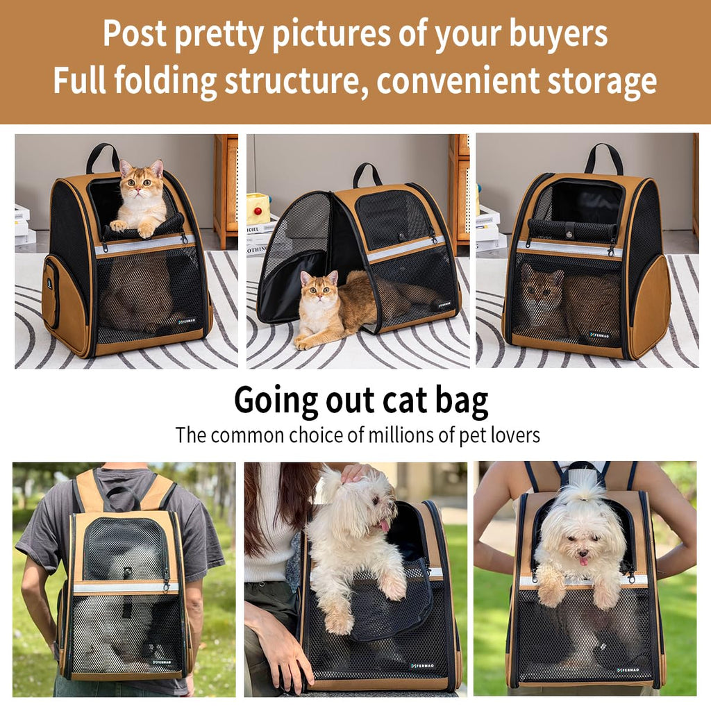 Brown Collapsible Pet Carrier Backpack with Ventilated Mesh W460444
