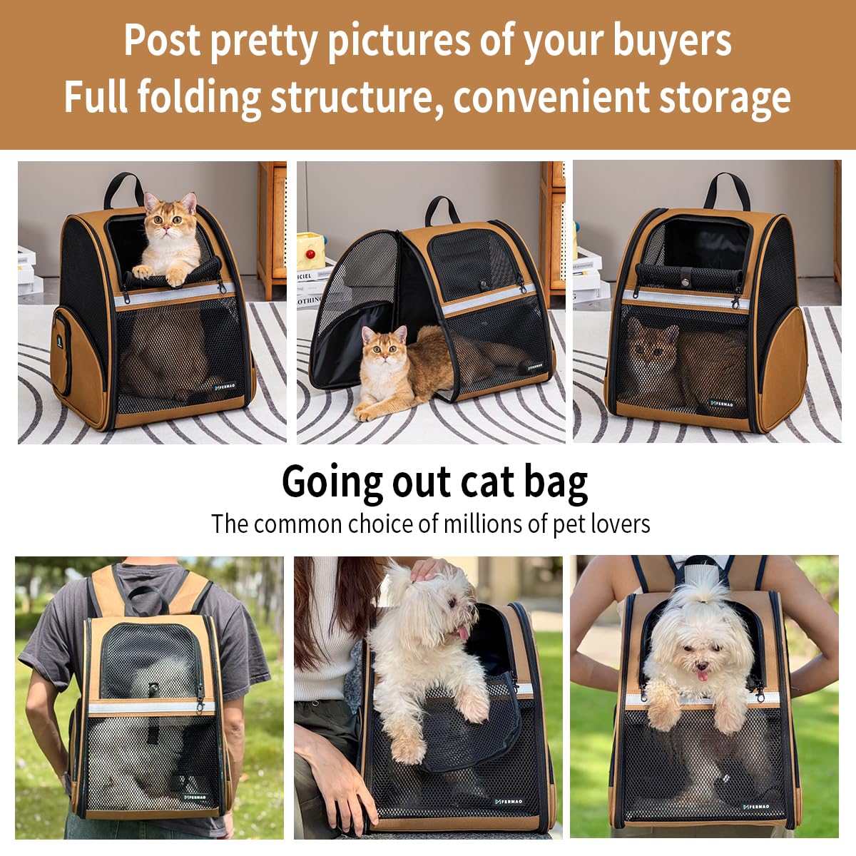 Brown Collapsible Pet Carrier Backpack with Ventilated Mesh W460444