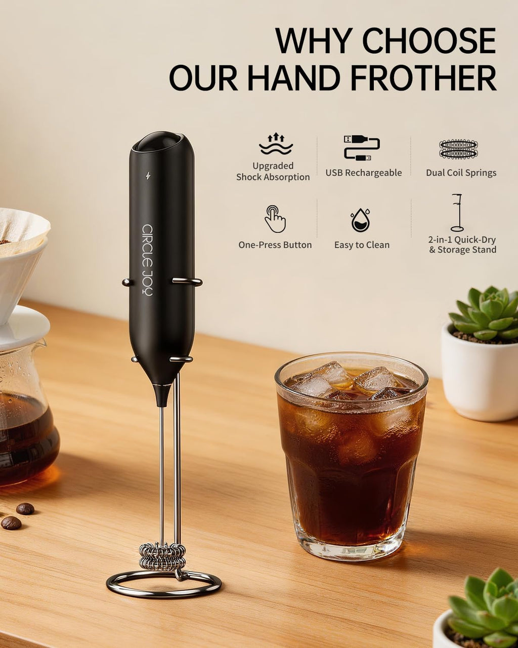 Rechargeable Handheld Milk Frother with Stand M596885