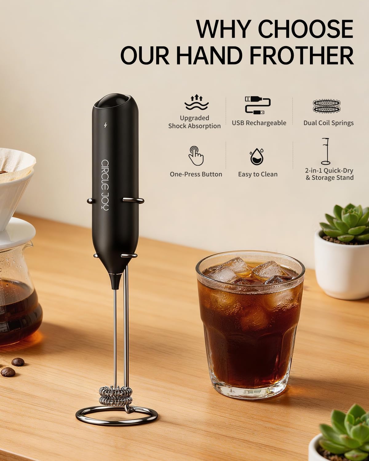 Rechargeable Handheld Milk Frother with Stand M596885
