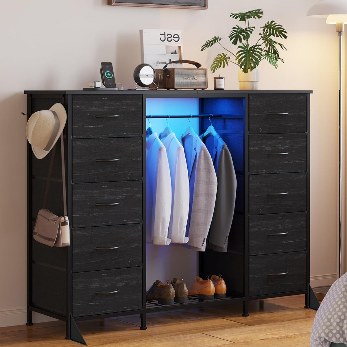 55"W Dresser with Hanging Rack, 10 Fabric Drawers & Hooks W103