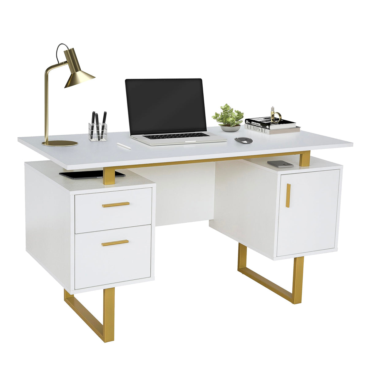 51"W Computer Desk with 2 Drawers & Storage Cabinet Z949574