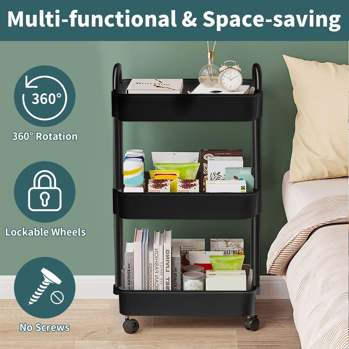Black 3 Tier Rolling Cart X635948