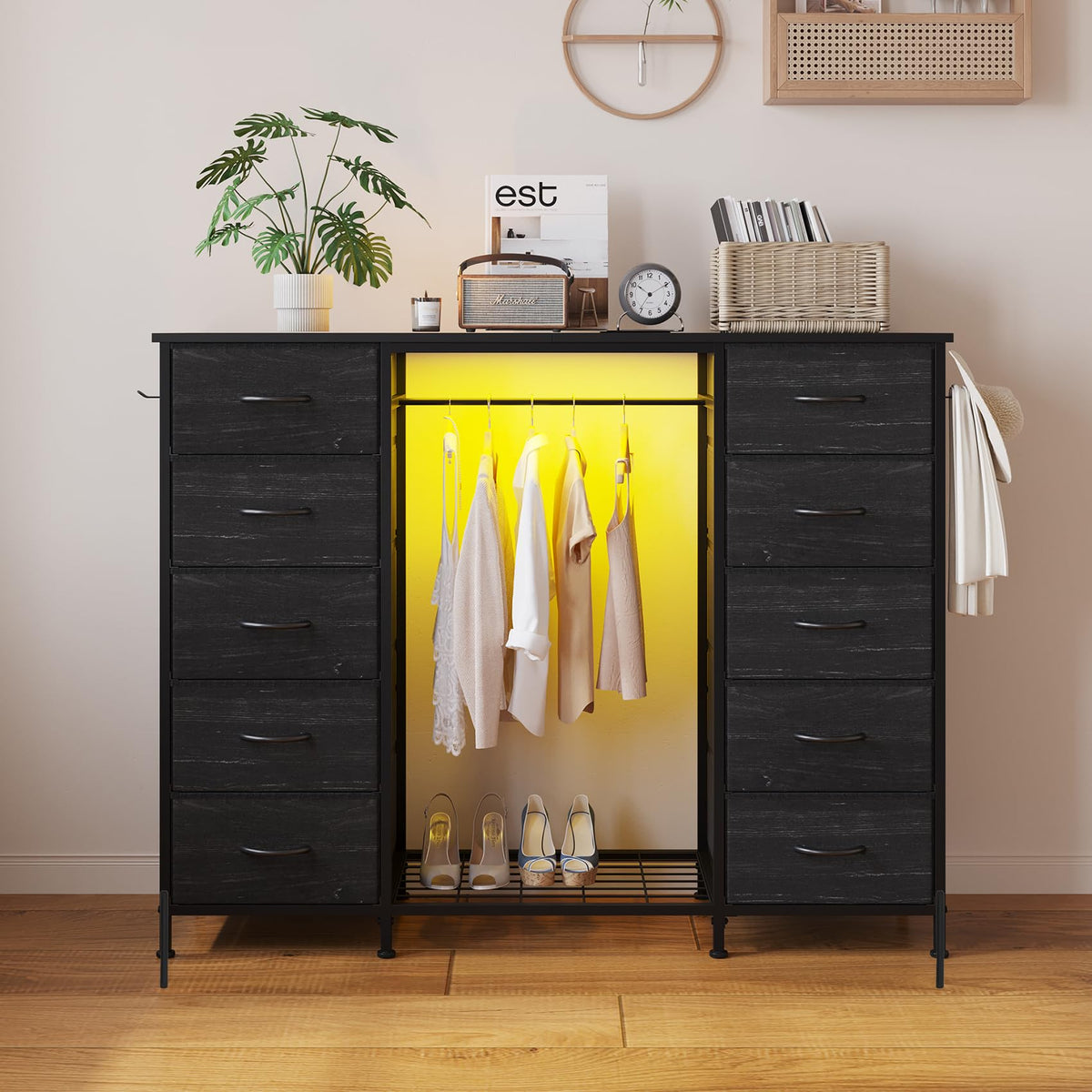 55"W Dresser with Hanging Rack, 10 Fabric Drawers & Hooks W103