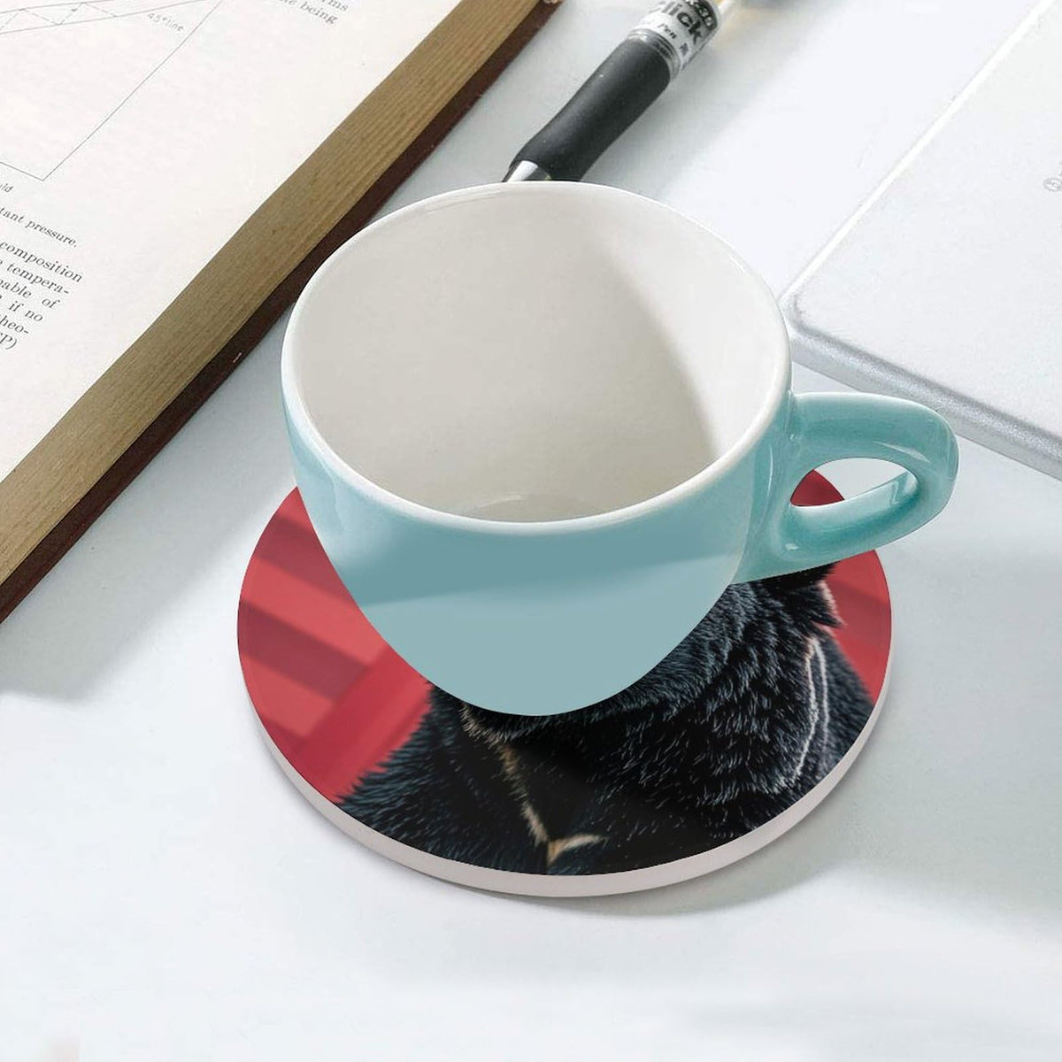 Ceramic Coaster Set of 6 Black Bear Red and Black Plaid Round Coasters Y515786