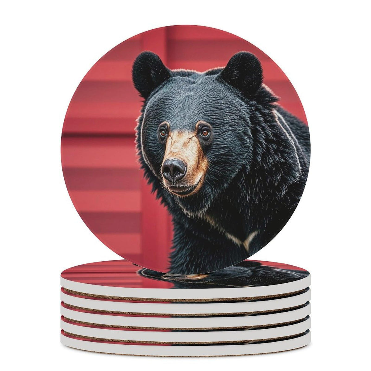 Ceramic Coaster Set of 6 Black Bear Red and Black Plaid Round Coasters Y515786