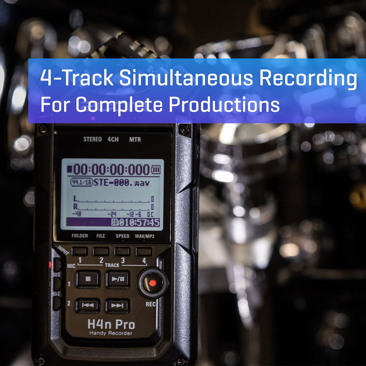 4-Track Portable Recorder, All Black, Stereo Microphones, 2 XLR/ ¼“ Combo Inputs, Battery Powered W770370