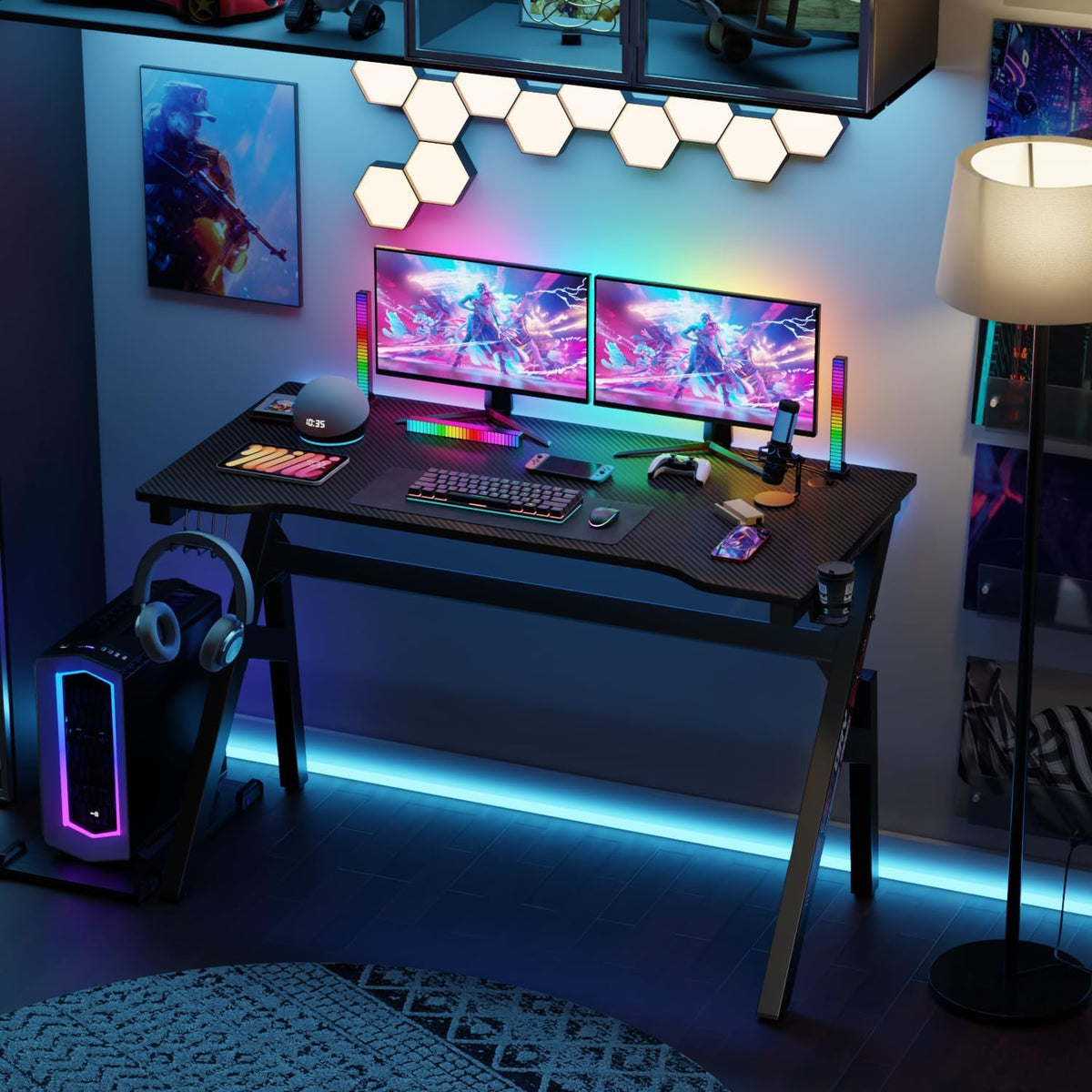 47 Inch Carbon Fiber Gaming Desk with Cup Holder and Headphone Hook G343327
