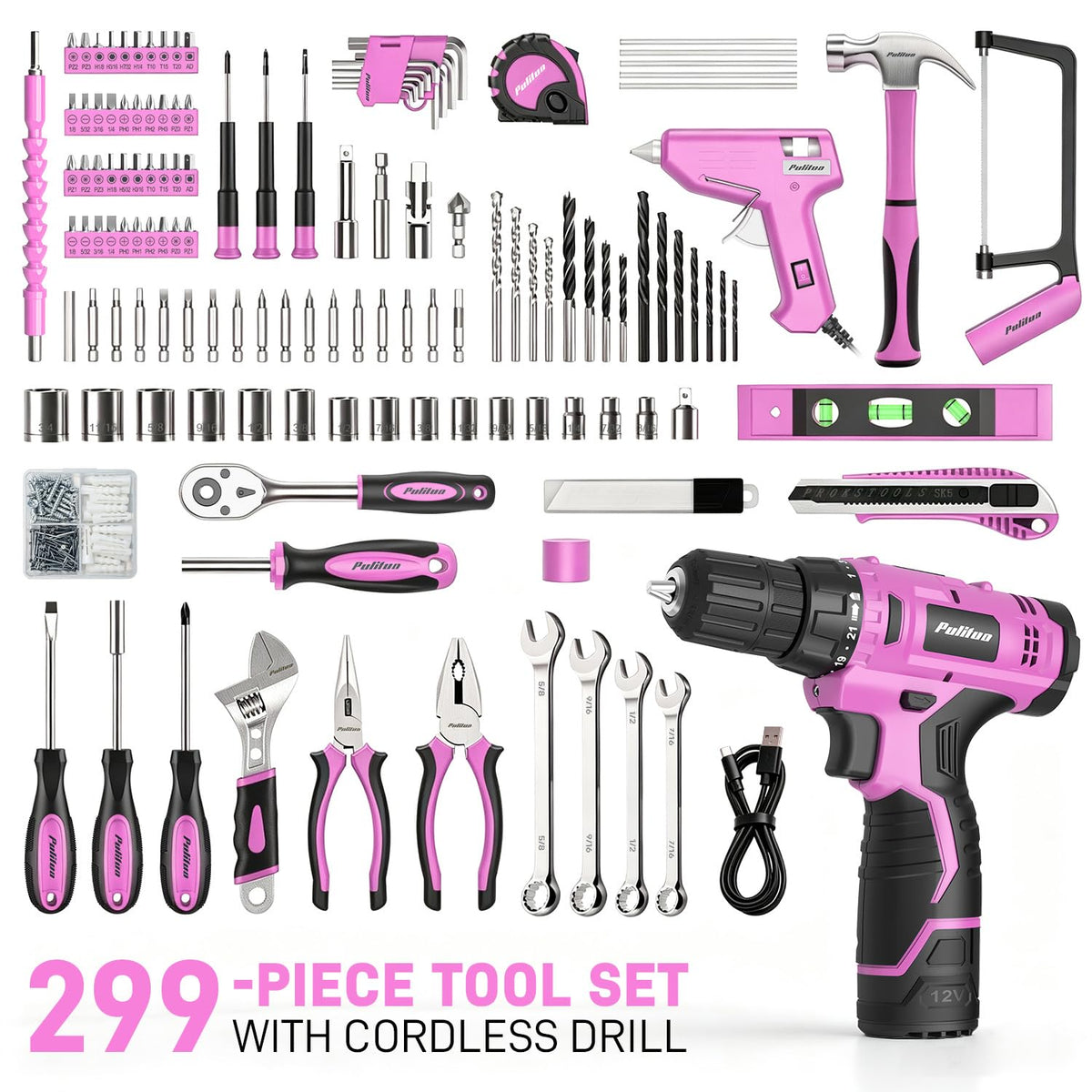 299 Piece Pink Cordless Drill Tool Set with Tool Box L874