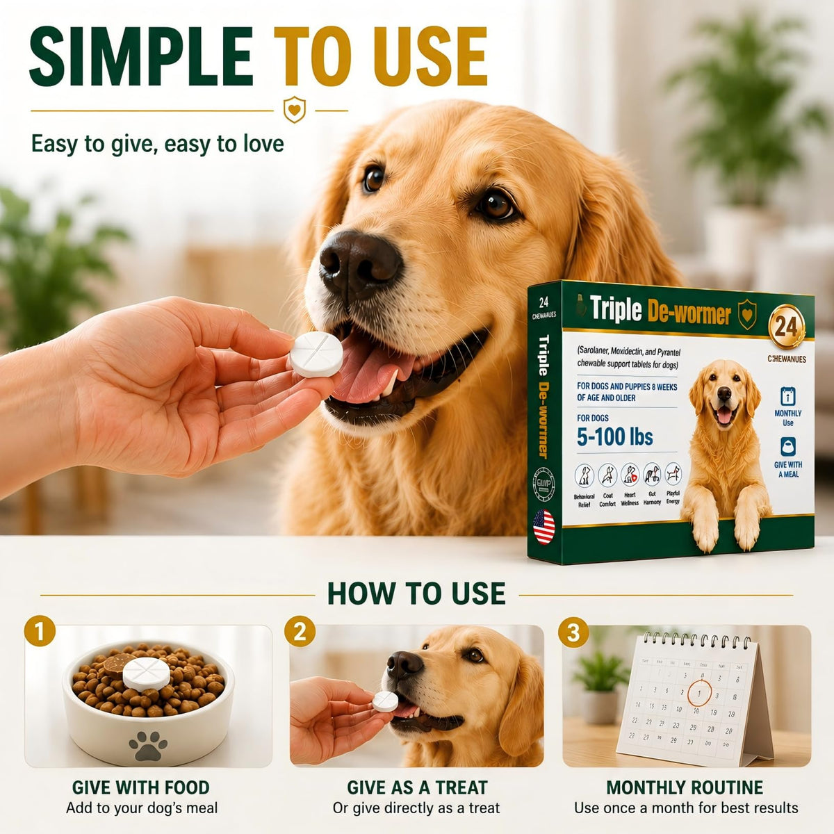 Broad Spectrum Dog Dewormer Tablets with Pyrantel Pamoate, 24 Tablets S344