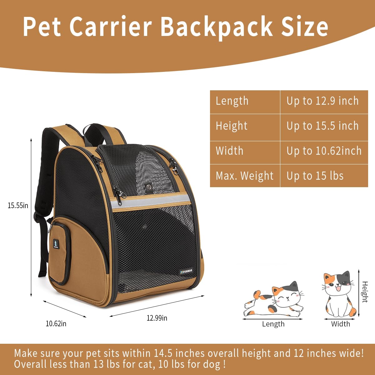 Brown Collapsible Pet Carrier Backpack with Ventilated Mesh W460444