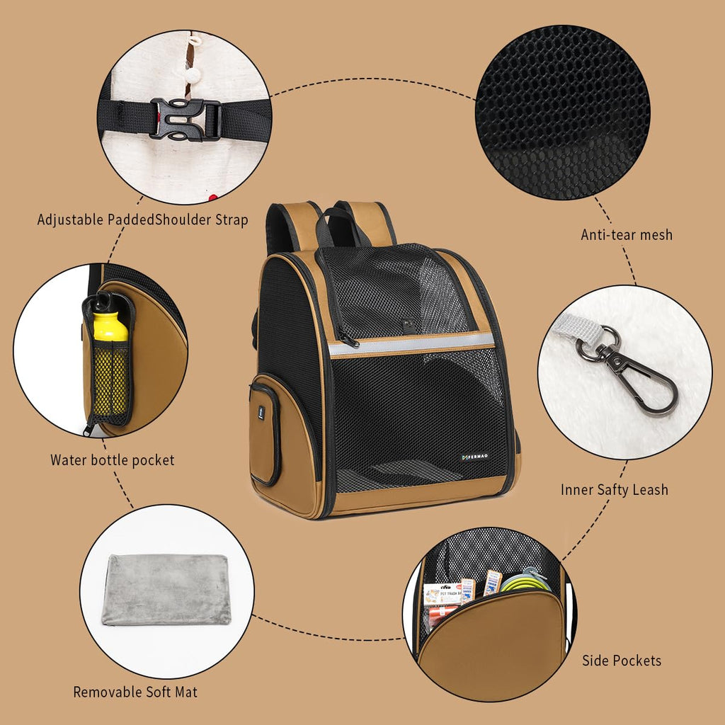 Brown Collapsible Pet Carrier Backpack with Ventilated Mesh W460444