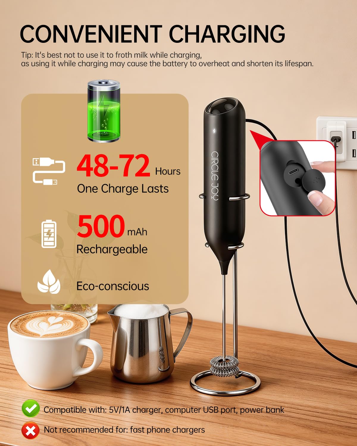 Rechargeable Handheld Milk Frother with Stand M596885