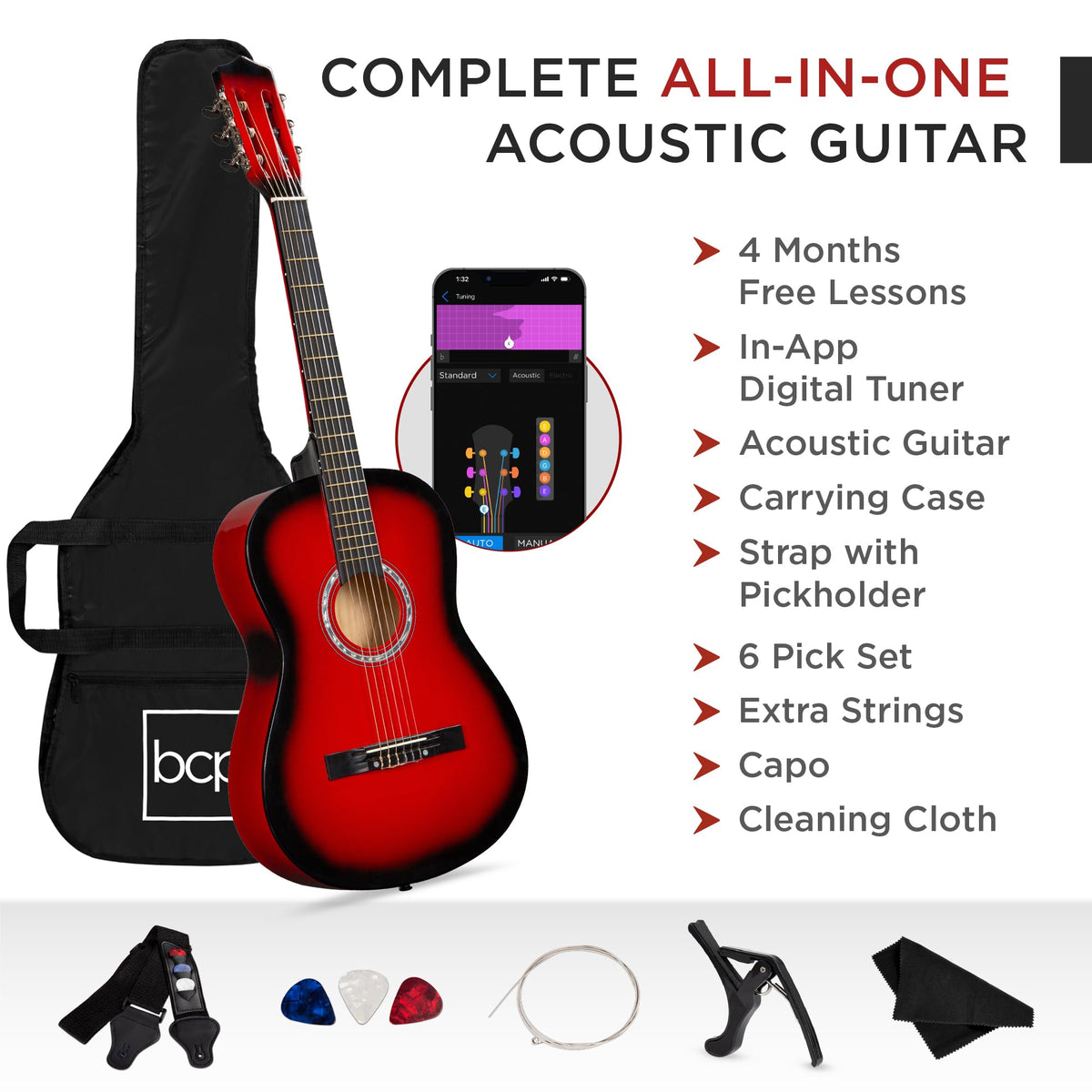 38in Beginner All Wood Acoustic Guitar Starter Kit with Gig Bag Red Burst X463