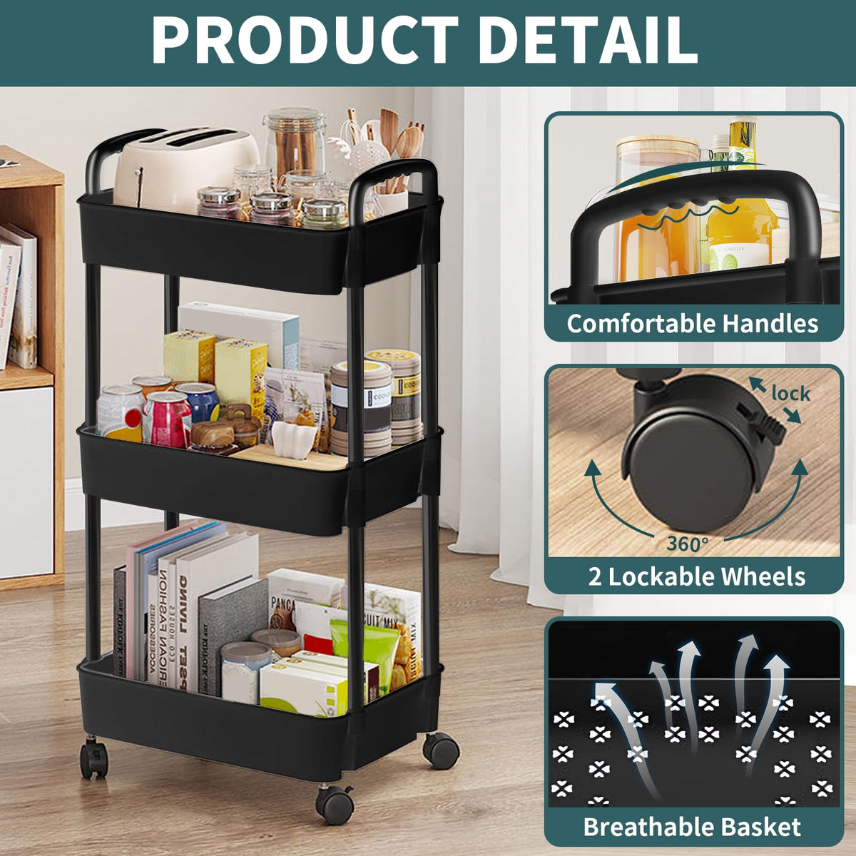 Black 3 Tier Rolling Cart X635948