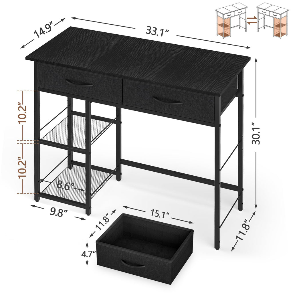 Black Small Writing Desk with 2 Drawers and Storage Shelf H66541
