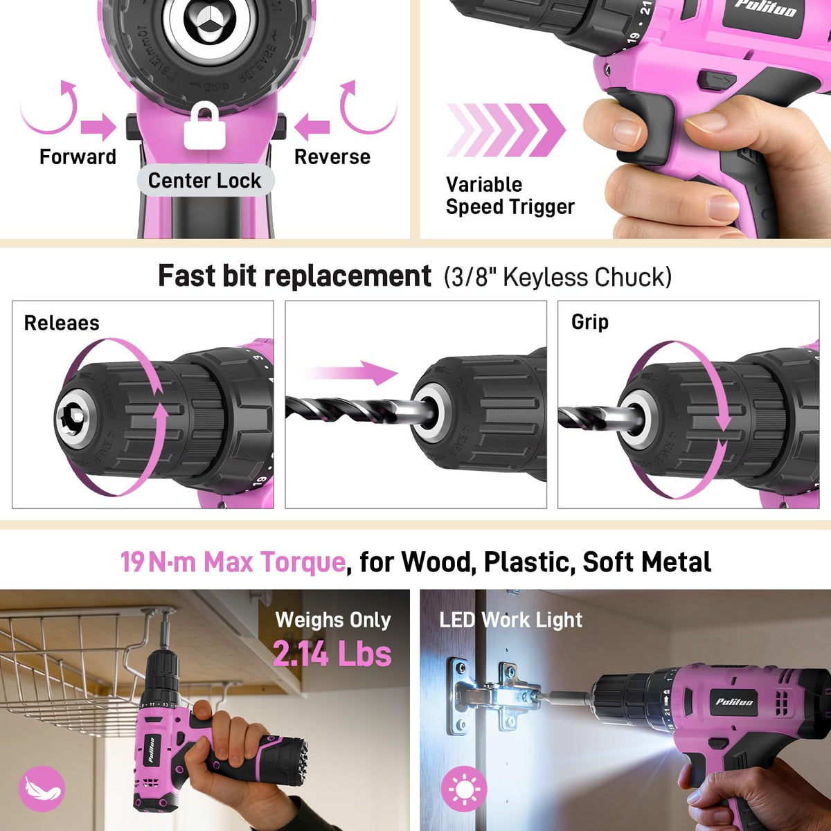 299 Piece Pink Cordless Drill Tool Set with Tool Box L874