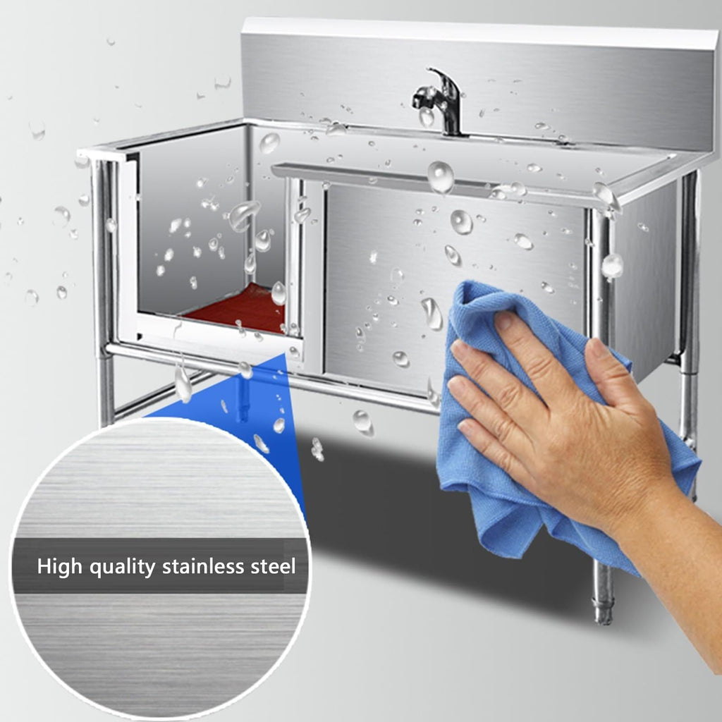 Stainless Steel Dog Washing Station Tub with Sliding Door and Telescopic Faucet I882