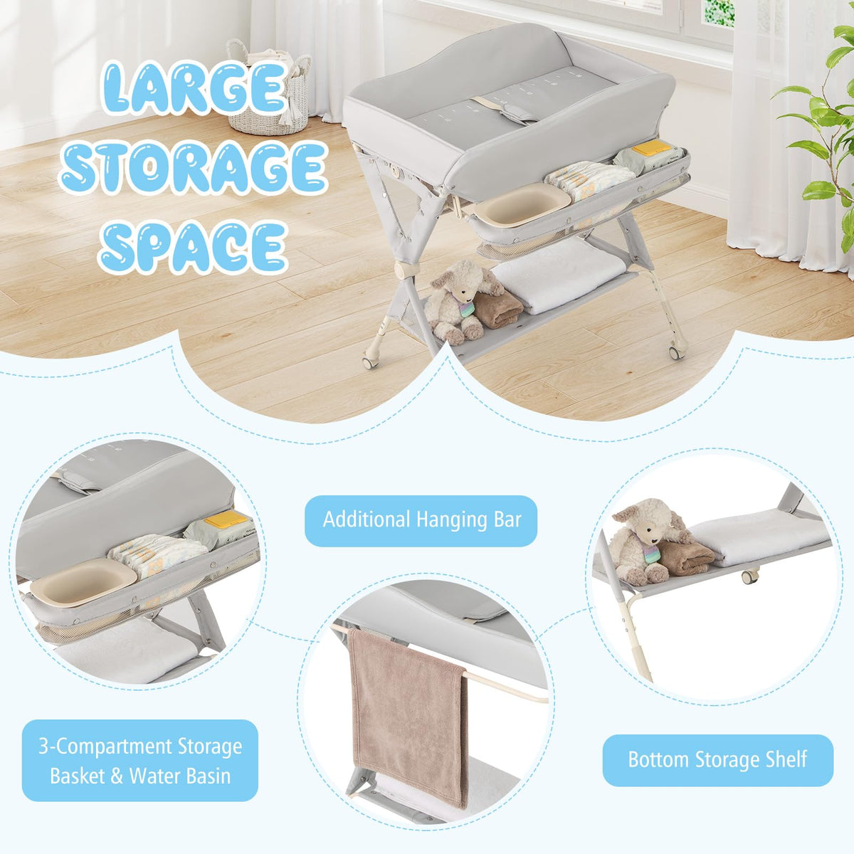 Portable Foldable Baby Changing Table with Wheels K204712