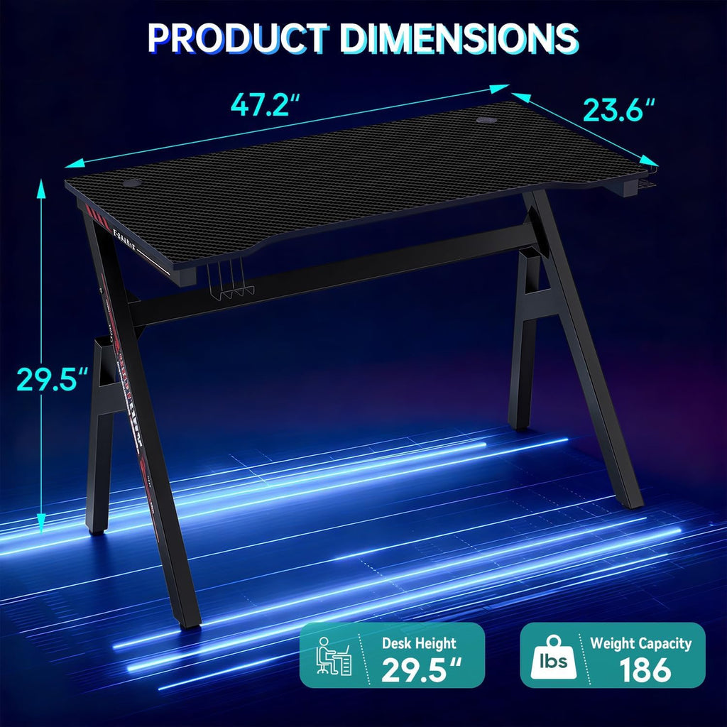 47 Inch Carbon Fiber Gaming Desk with Cup Holder and Headphone Hook G343327
