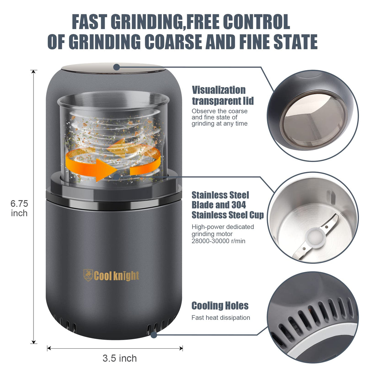 Electric Herb Grinder with Pollen Catcher 7.5" Grey M705
