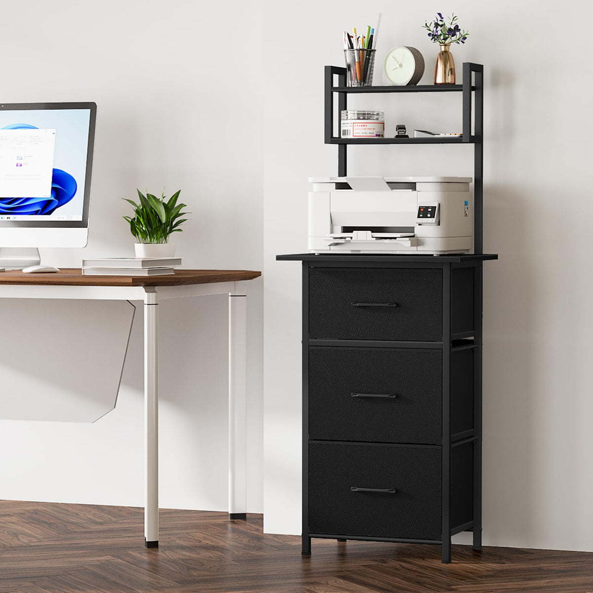 3 Drawer Tall File Cabinet with Extended Desktop, Black N413