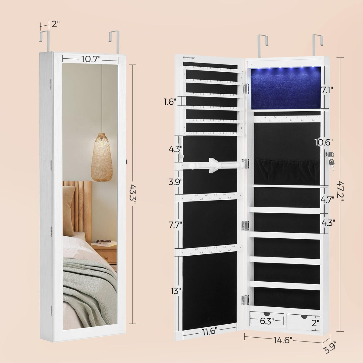 White Mirror Jewelry Cabinet with 2 Drawers T673
