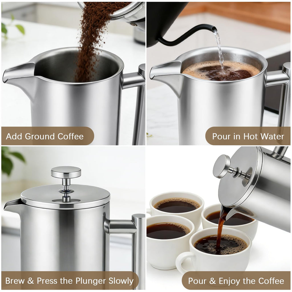 34OZ Stainless Steel French Press Coffee Maker with 2 Extra Filters J6704