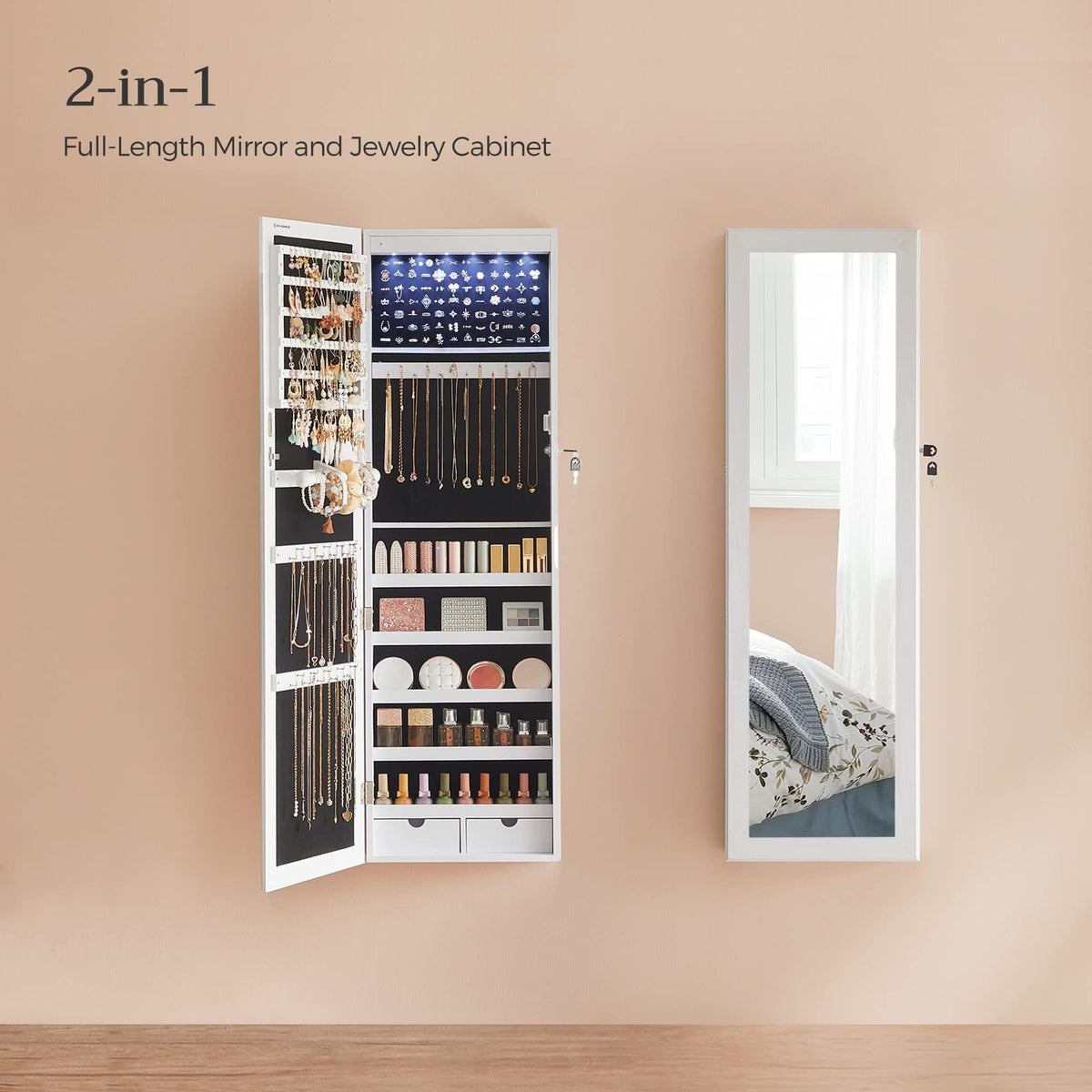 White Mirror Jewelry Cabinet with 2 Drawers T673