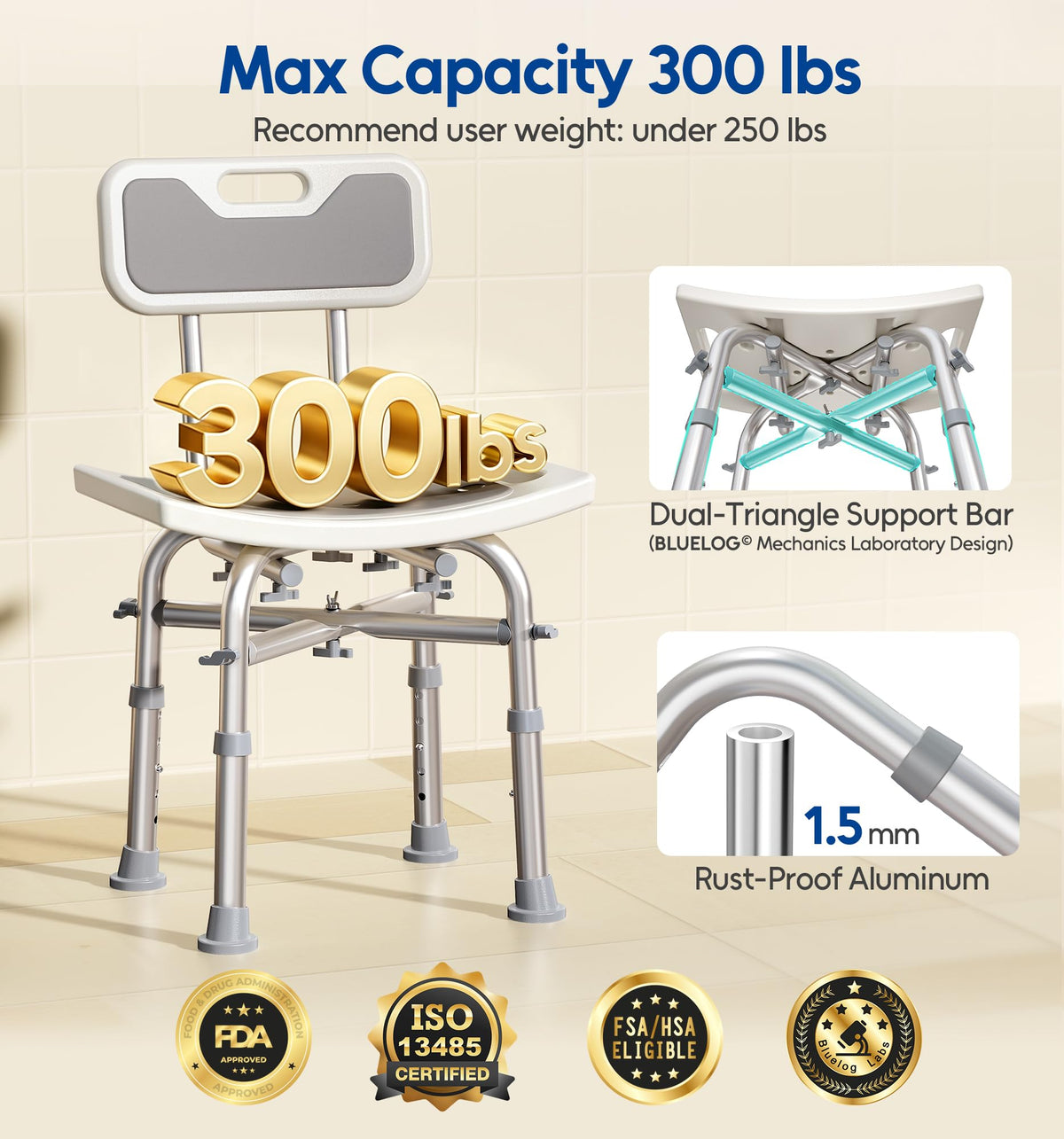 Shower Chair with Back Seat Bench E50871