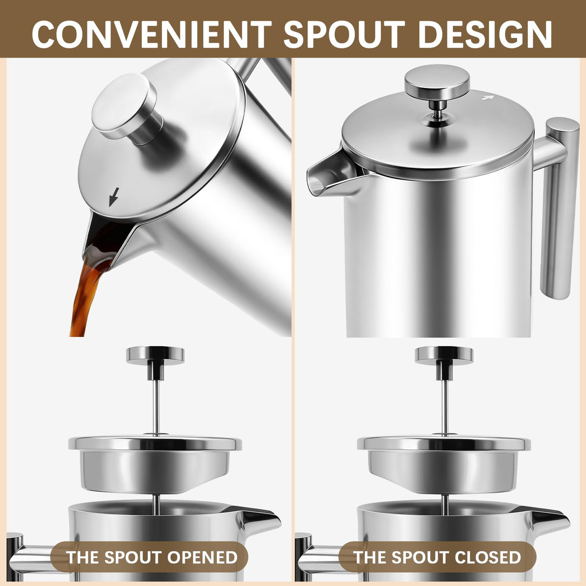 34OZ Stainless Steel French Press Coffee Maker with 2 Extra Filters J6704