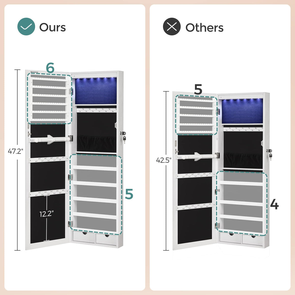 White Mirror Jewelry Cabinet with 2 Drawers T673
