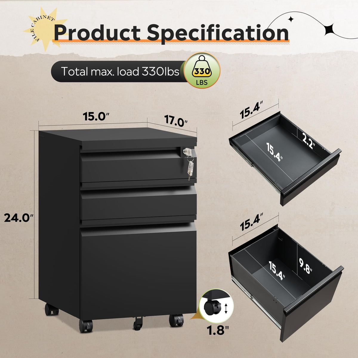 3 Drawer Mobile File Cabinet with Lock Q77543