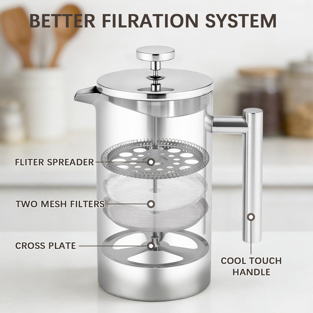 34OZ Stainless Steel French Press Coffee Maker with 2 Extra Filters J6704