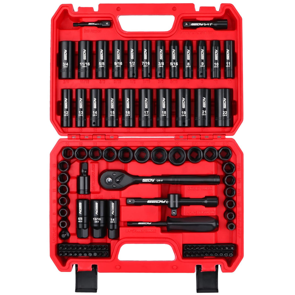 96-Piece 3/8" Drive Impact Socket Wrench and Bit Set, SAE & Metric, Cr-V Standard & Deep Sockets P462770