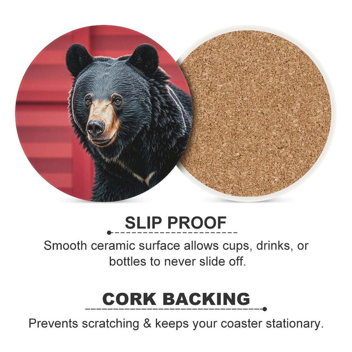 Ceramic Coaster Set of 6 Black Bear Red and Black Plaid Round Coasters Y515786