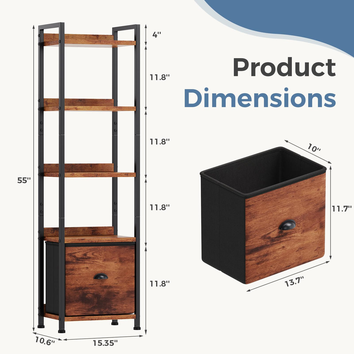 5 Tier Bookshelf with Fabric Drawer O995