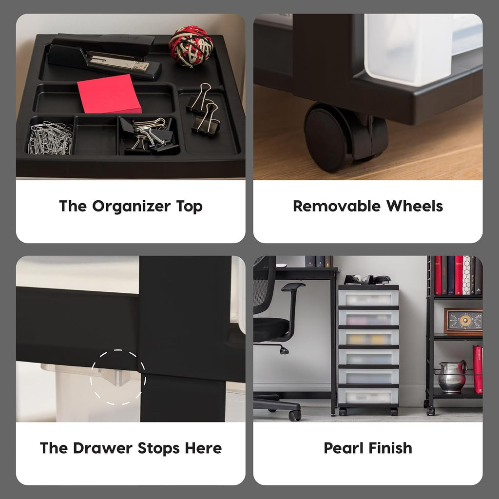 6 Drawer Rolling Storage Cart with Organizer Top, Black W176