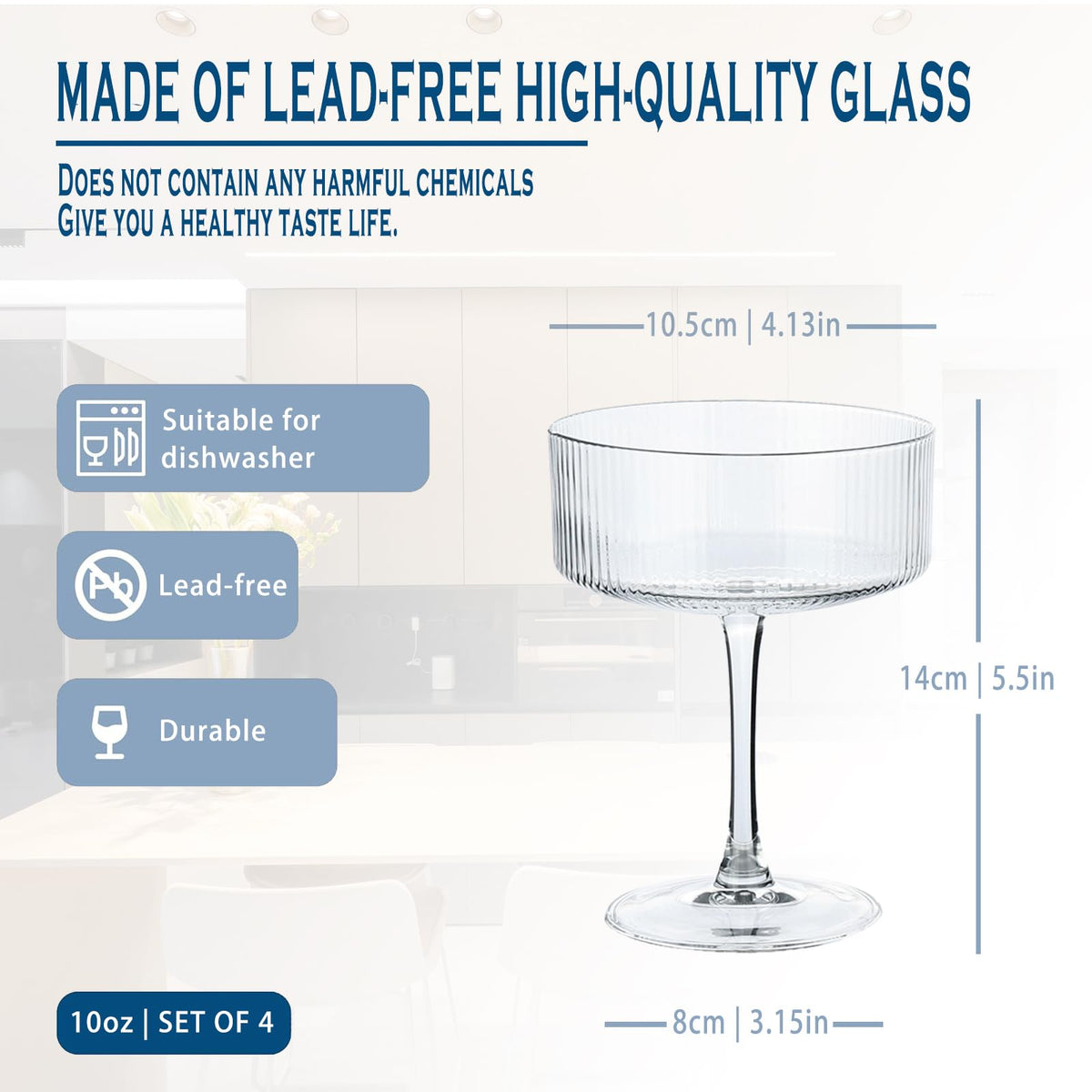 Martini Glasses set of 8, 10 oz Ribbed Coupe Glasses F64714