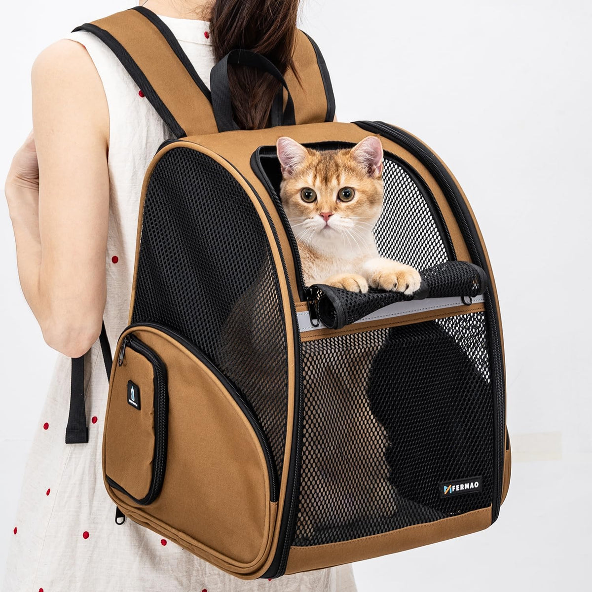Brown Collapsible Pet Carrier Backpack with Ventilated Mesh W460444