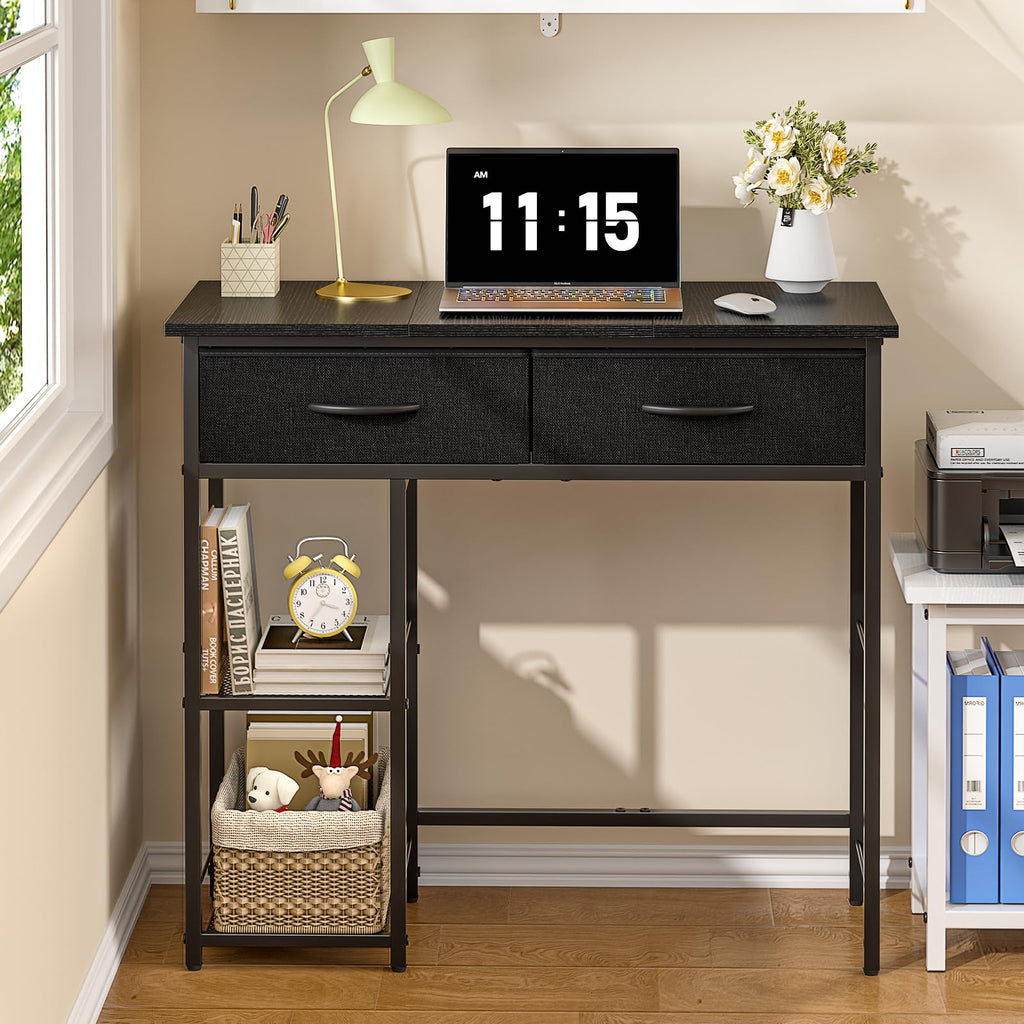 Black Small Writing Desk with 2 Drawers and Storage Shelf H66541