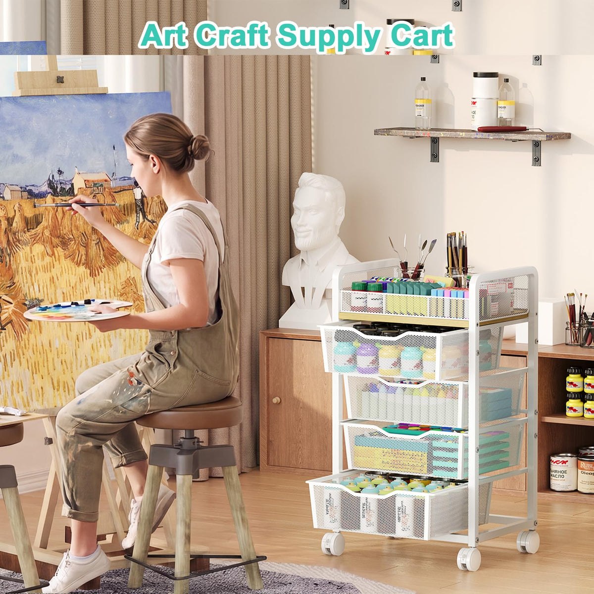 White Rolling Cart with 4 Drawers V56427